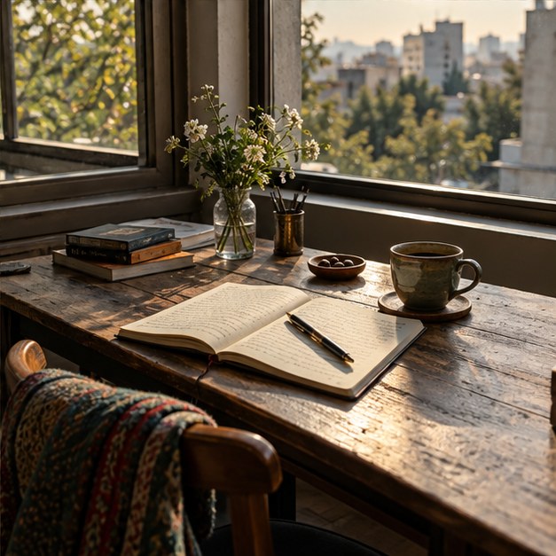 میز کار و دفتر یادداشت کنار پنجره